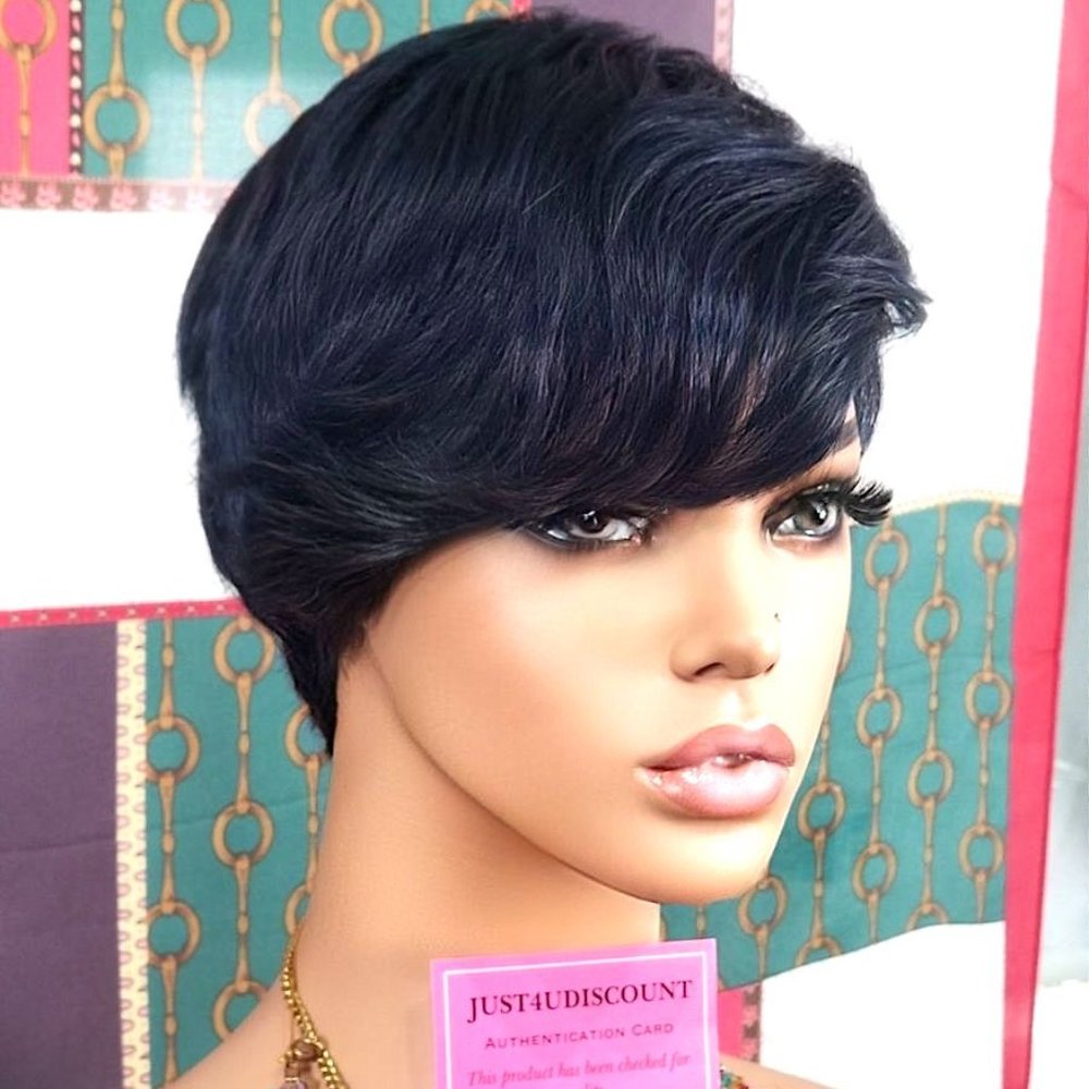 Blue pixie human hair wig swoop bang